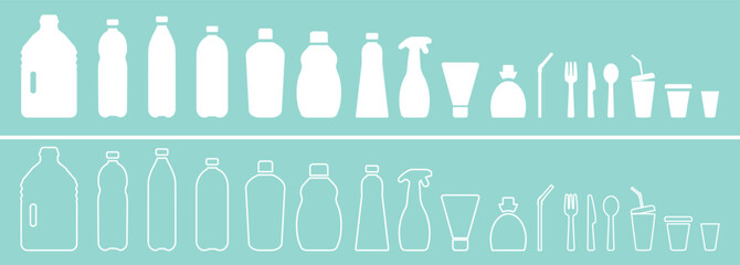 Various plastic objects, including plastic water bottles, cups, containers, tableware, straws, and disposable utensils, contain microplastics.