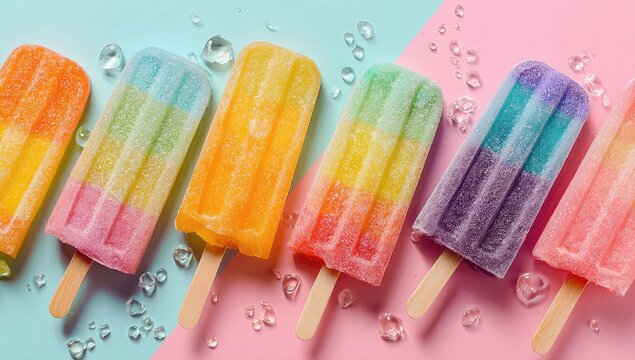 Rainbow popsicles summer treat pastel background - Powered by Adobe