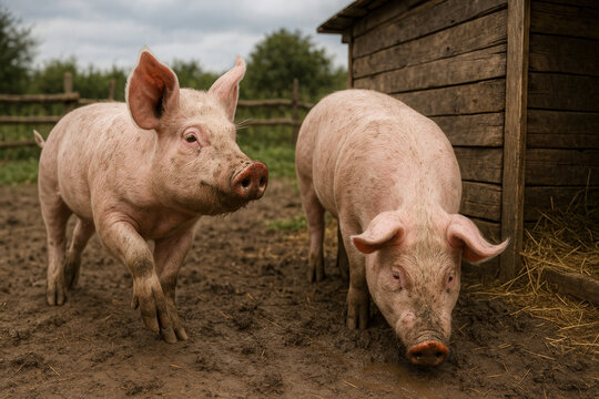 High-resolution image of two pink pigs foraging near a wooden shed in a muddy pasture. Detailed skin texture, bristly hair, muddy snouts, rustic fence, straw, soft overcast daylight, natural farming - Powered by Adobe