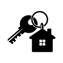 Black silhouette of a house key and keychain isolated on white background