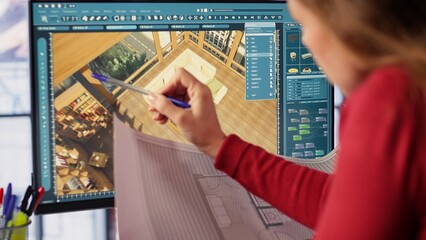 Graphic artist uses architectural software and blueprints to create 3D render of a home interior....