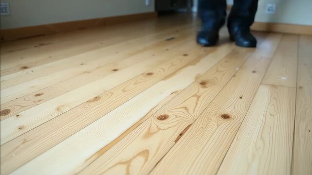 New parquet floor installation showing finished flooring with clear grain and visible wood knots. New parquet floor installation showcases craftsmanship and clean lines.