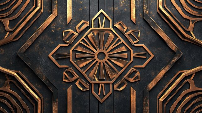 Close-up of a bronze geometric design on a weathered textured surface, Art Deco style - Powered by Adobe