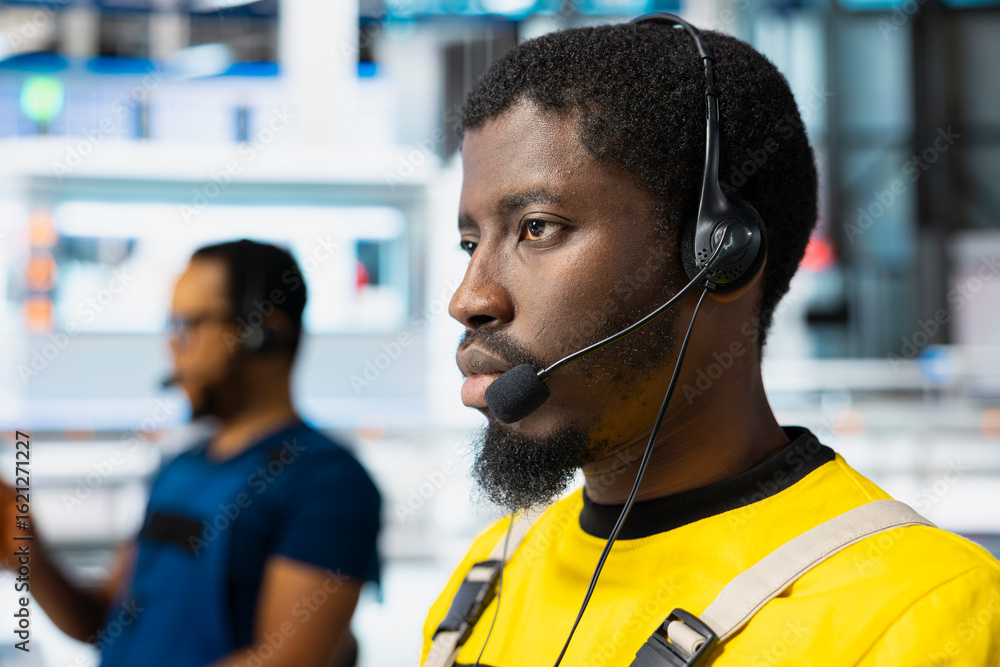 Poster helpline operator troubleshooting errors in solar production systems, employee providing support for