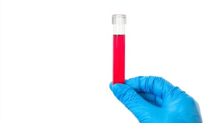Hand holding a test tube filled with bright red liquid, showcasing laboratory equipment, emphasizing scientific research and experimentation in a clean, sterile environment