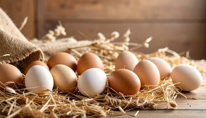 Fresh eggs nestled in straw