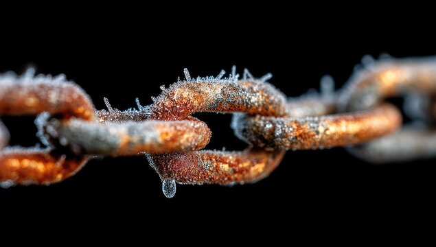 Frozen Rusty Chain Links Close-Up, Winter Background, Security Concept