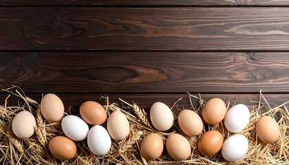 Fresh eggs nestled in straw on dark wood