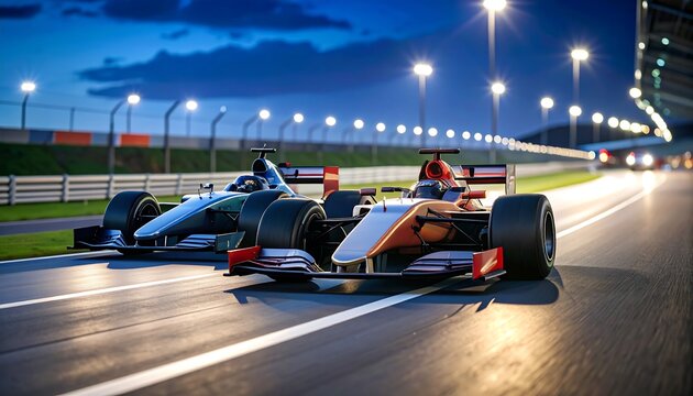 Racing cars on a track at night