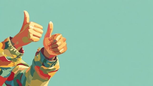 Colorful illustration of two hands giving thumbs up gesture against a soft turquoise background, symbolizing positivity, approval, and encouragement in a vibrant artistic style