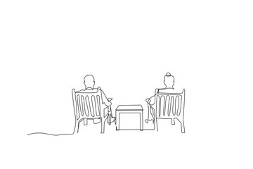 old adult couple holiday together sun lounger sit relax time back view one line art vector