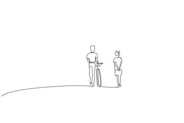 young couple love friends outdoor park bike calm time back view one line art vector