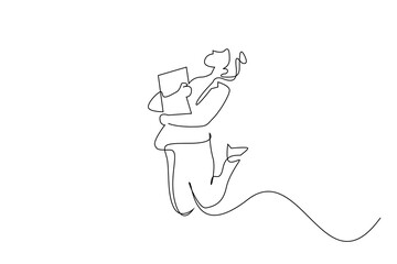 businesswoman workplace happy jump success career one line art vector