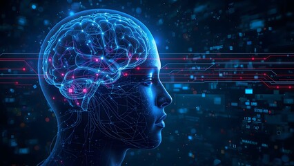 Artificial intelligence brain interface human head neural waves streaming data futuristic cyberpunk digital art ultra detailed