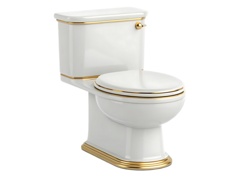 A white toilet with gold trim, sitting on a black background, clean and modern design for bathroom