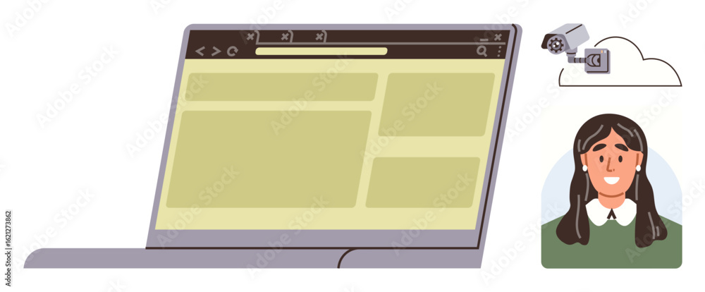Poster browser window, surveillance camera linked to cloud, female avatar with pigtails. ideal for data pro