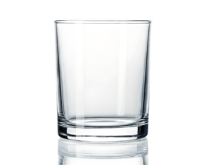 A clear glass tumbler with a thick base sits on a reflective surface against a black background