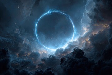 Fototapeta premium Glowing ring in stormy sky, cosmic scene, fantasy backdrop, digital art