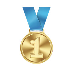 First Place Gold Medal Award:  Shiny Golden Medallion with Blue Ribbon, Achievement, Victory, Success, Celebration, Premium Quality, Isolated on transparent background