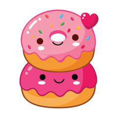 Adorable kawaii style stacked donuts with pink frosting and sprinkles one topped with a small red heart isolated on white background
