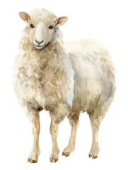 Fototapeta premium Watercolor animal illustration, watercolor painting of a fluffy white sheep standing, isolated on transparent background