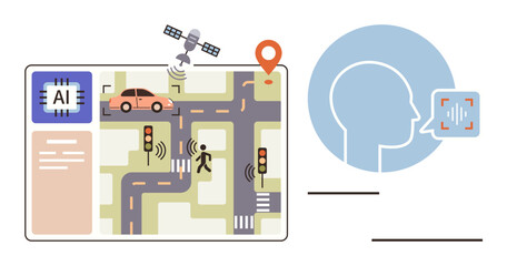 AI processor managing smart car, traffic sensors, pedestrian detection, satellite tracking, and voice recognition in urban grid. Ideal for technology, transportation, AI, automation innovation