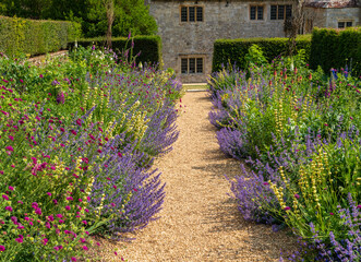 Overflowing flowering shrubs in a hedged garden surrounding an Elizabethan stone house on the Isle of Wight