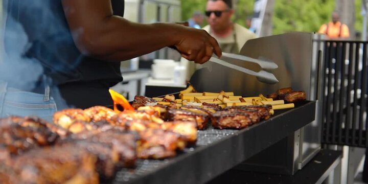 Barbecue competition with fresh cuts of various meats on the grill cooking and a pit master checking the meat