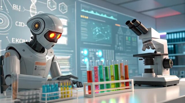 Robotic scientist conducting experiments with test tubes and microscope in modern laboratory, AI driven research and development advancements