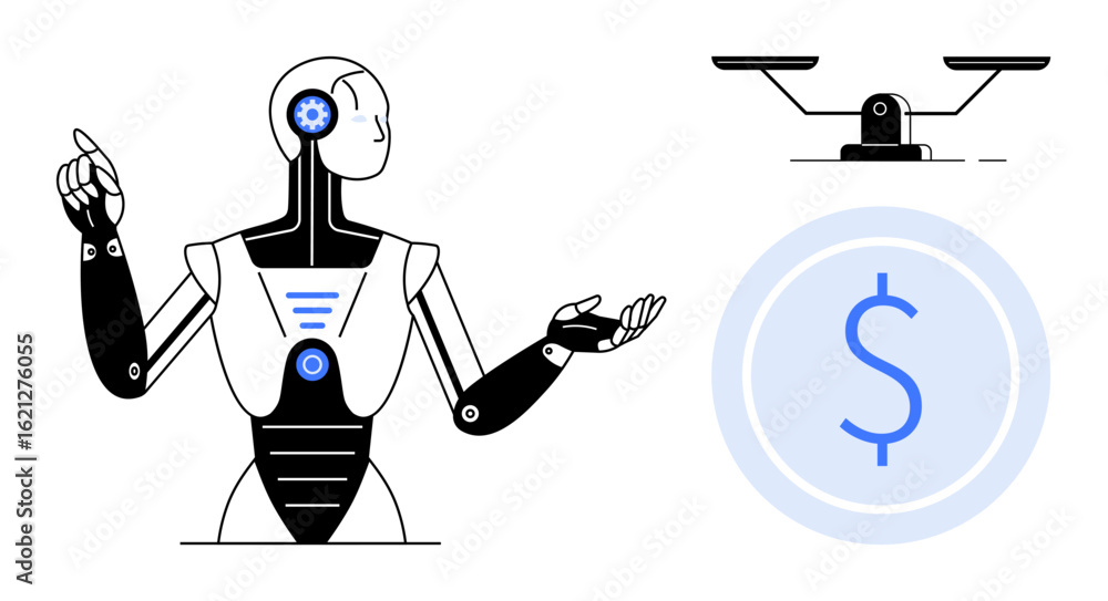 Poster ai robot gesturing alongside a balance scale and a currency symbol, symbolizing technology solving e