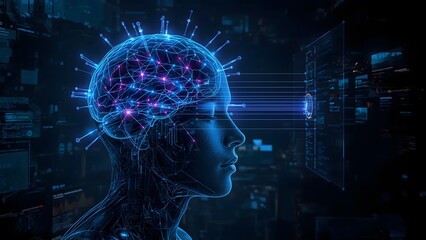 High tech brain computer interface human mind with glowing neural network data flow cyberpunk background cinematic lighting