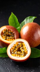 Fresh passion fruit halves on dark surface