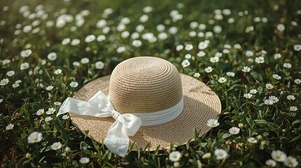 A lace-trimmed straw hat resting in a blooming flower field.