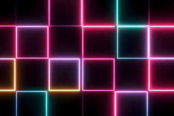 Colorful neon glowing squares arranged on a dark background creating a cyber grid. Digital geometric light pattern for futuristic design.