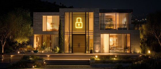 Modern Luxury Home at Night with Illuminated Security Lock Symbol