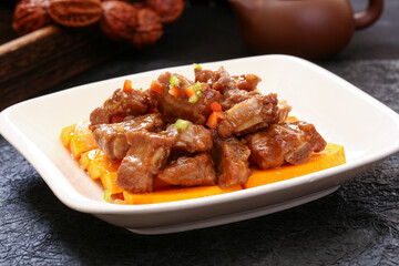Chinese cuisine, Cantonese cuisine, steamed pork ribs with pumpkin