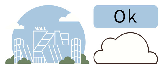 Contemporary mall architecture with intricate glass facade, complemented by cloud outline and Ok text. Ideal for retail, online shopping, urban development, branding, customer satisfaction, modern