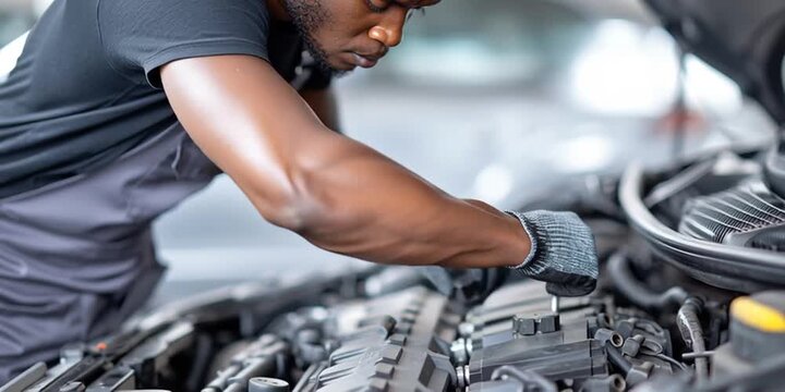 Auto mechanic is repairing a car engine in an automotive maintenance and repair shop - blue collar work in a garage