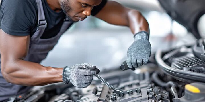 Auto mechanic is repairing a car engine in an automotive maintenance and repair shop - blue collar work in a garage