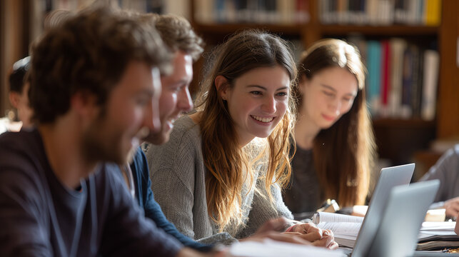 Group of students studying and learning with a laptop in a library environment. The image captures a collaborative learning session - Powered by Adobe