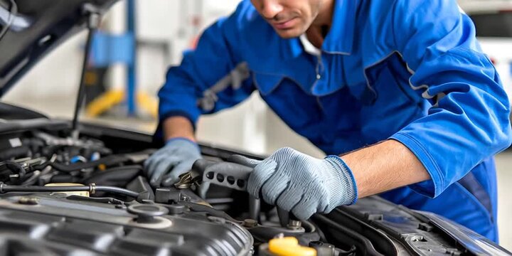 Auto mechanic is repairing a car engine in an automotive maintenance and repair shop - blue collar work in a garage