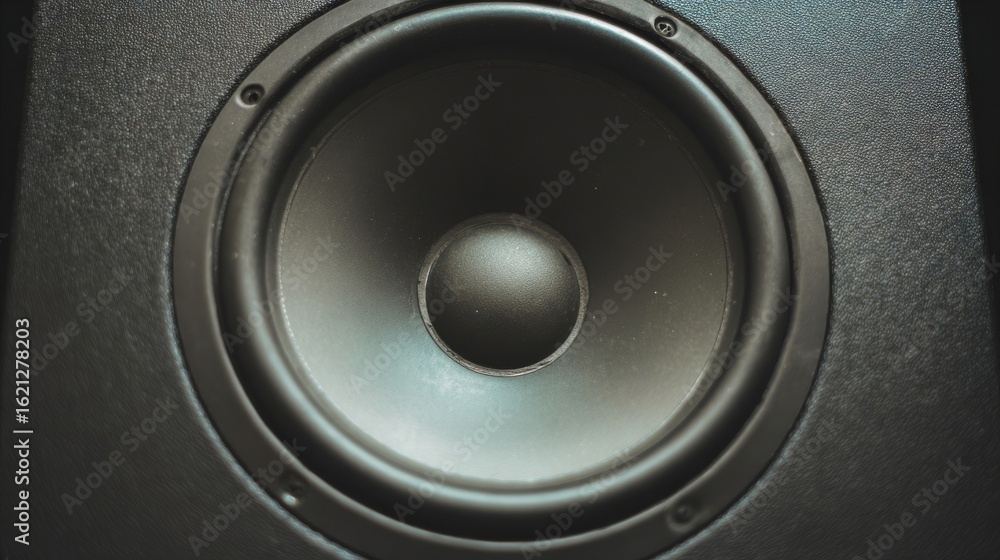 Poster close-up view of a black speaker cone showcasing intricate details and textures, emphasizing sound q