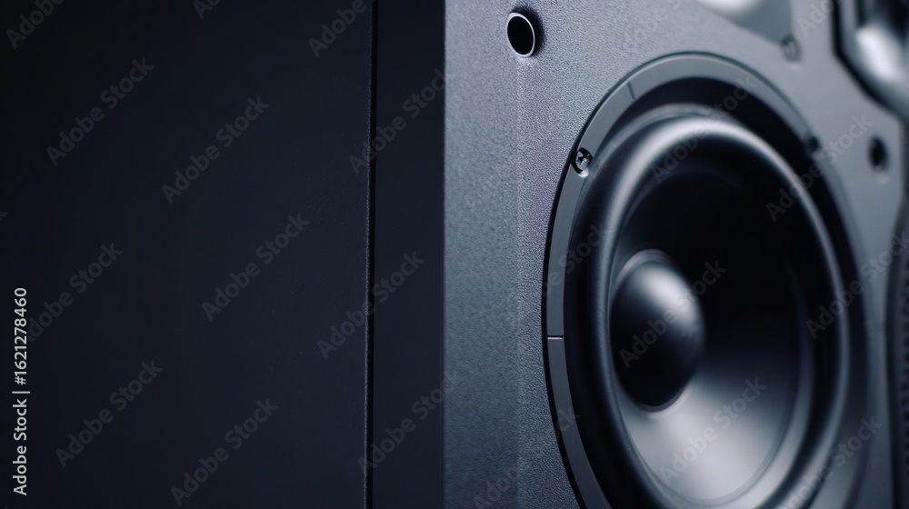 Poster close-up view of a high-fidelity audio speaker showcasing intricate design details, emphasizing the 