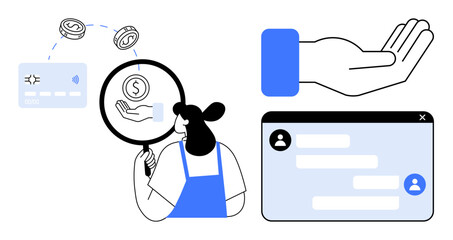 Woman analyzes financial details with magnifying glass, coins, payment card, open hand, and interface screen. Ideal for finance, online payment, loan, crowdfunding customer care banking simple