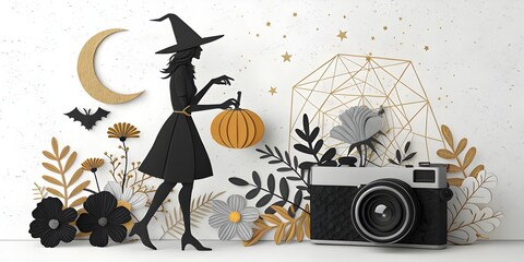 The witch, pumpkin with camera, celebration photographer and halloween celebration, generate by ai
