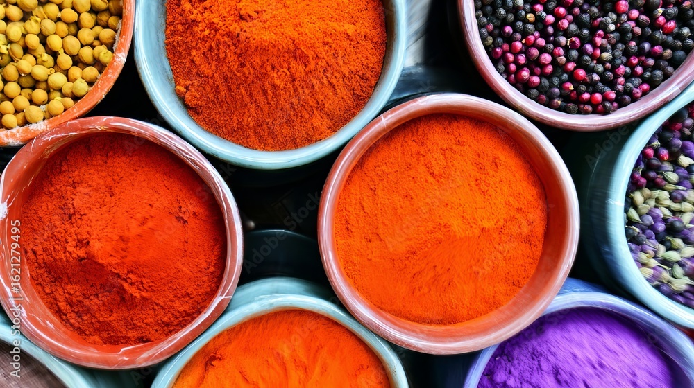 Aufkleber vibrant array of colorful spices in bowls, showcasing rich textures and hues, creating an inviting a