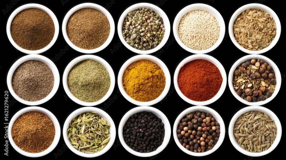 Aufkleber assorted spices displayed in white bowls arranged in a grid pattern on a dark background, showcasing