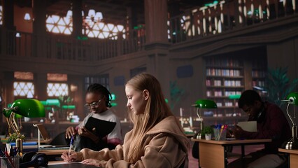 College student borrowing books to study for upcoming exams at the university library, does research for a school assignment. Young girl with motivation does self learning. Camera B.
