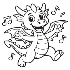 Obraz premium Cute cartoon dragon dancing with music notes isolated on white background, perfect for childrens coloring books and illustrations, conveying joy and entertainment