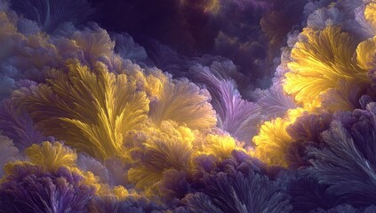 Obraz premium Golden purple fractal cloudscape, digital art, abstract background, fantasy scene